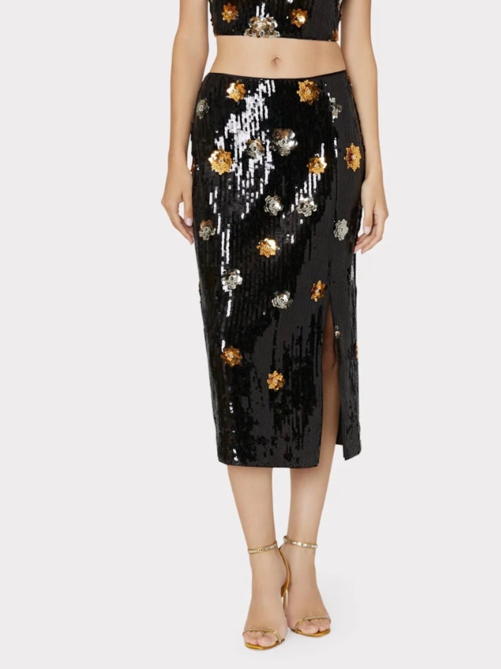 Milly Black Sequin Pencil Skirt with Gold & Silver Floral Appliqués - Picture 3 of 4
